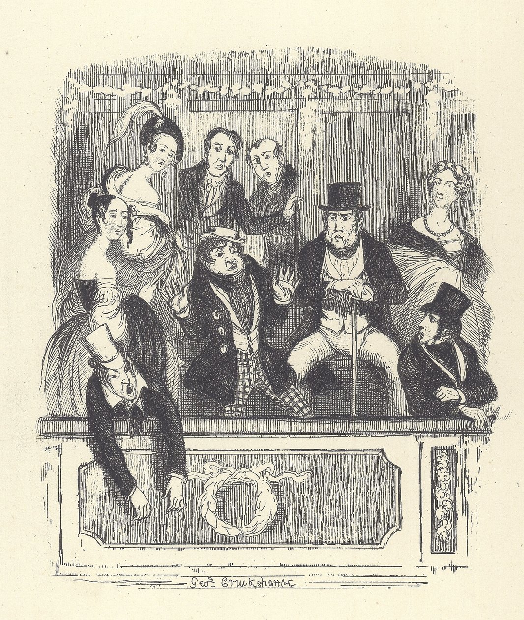 Victorianske teatergængere stimler sammen i en boks på et London-teater (gravering) af George Cruikshank