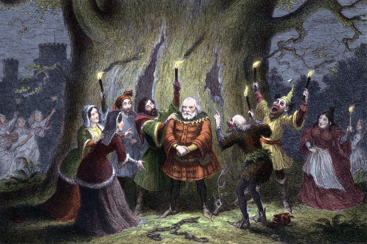 William Shakespeare The Merry Wives of Windsor, skuespil første gang opført 1597 eller 1600. Falstaff, efter at have beholdt sin formodede opgave med i Windsor Forest Mistress Ford som Herne the Hunter og blevet klemt og slået af 