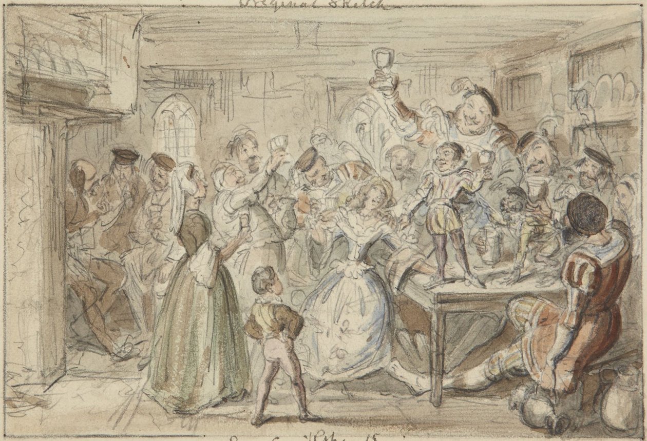 Xit, her underholder Sir Narcissus Le Grand sine venner på sin bryllupsdag af George Cruikshank