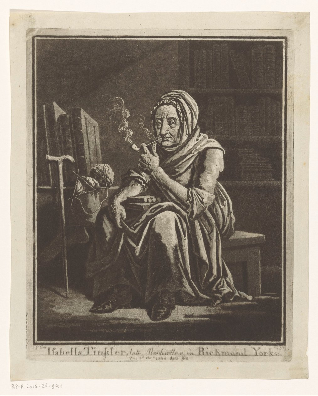 Portræt af Richmond bogsælger Isabella Tinkler i en alder af 92 Isabella Tinkler, afdøde boghandler, i Richmond Yorks (titel på objekt) af George Cuitt (I)