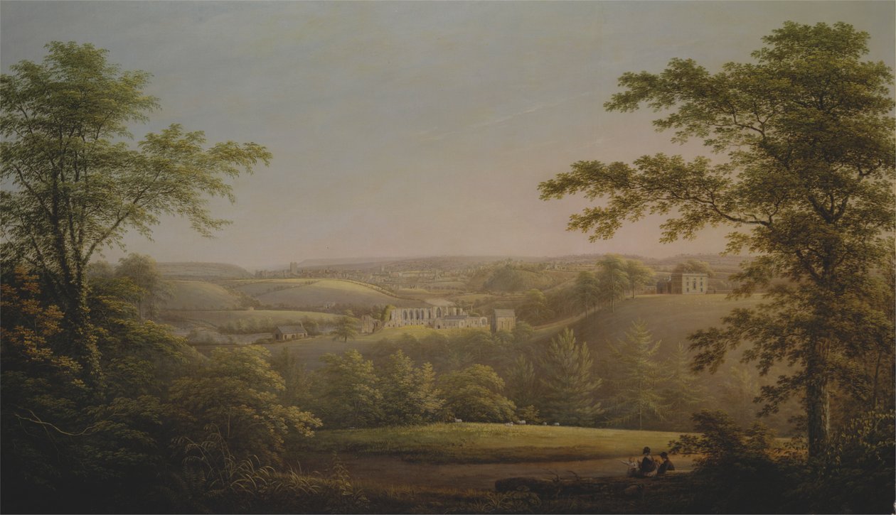 Easby Hall og Easby Abbey med Richmond, Yorkshire i baggrunden af George Cuitt
