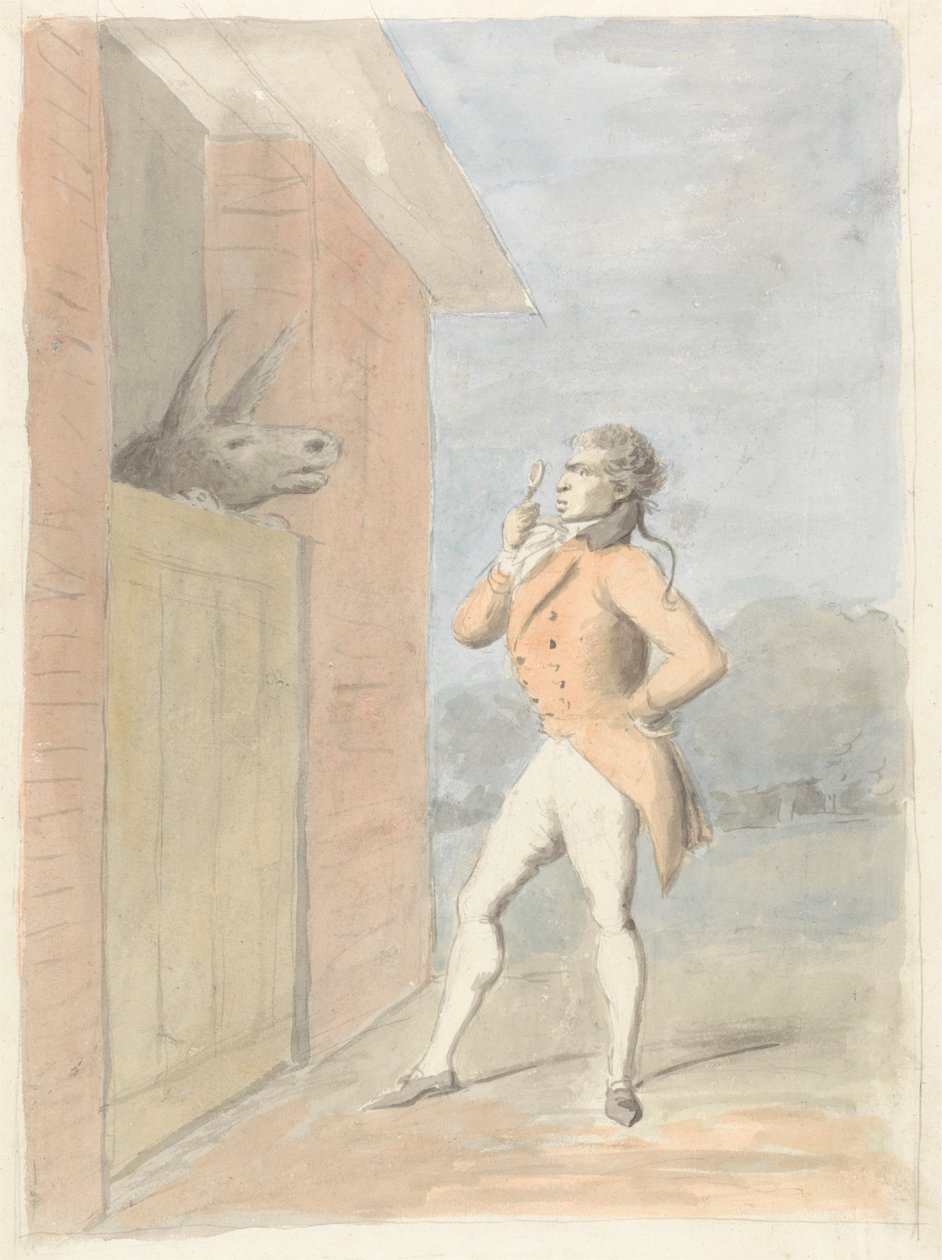 En dandy, der spørger om et mulehoved set over en stalddør af George Dance