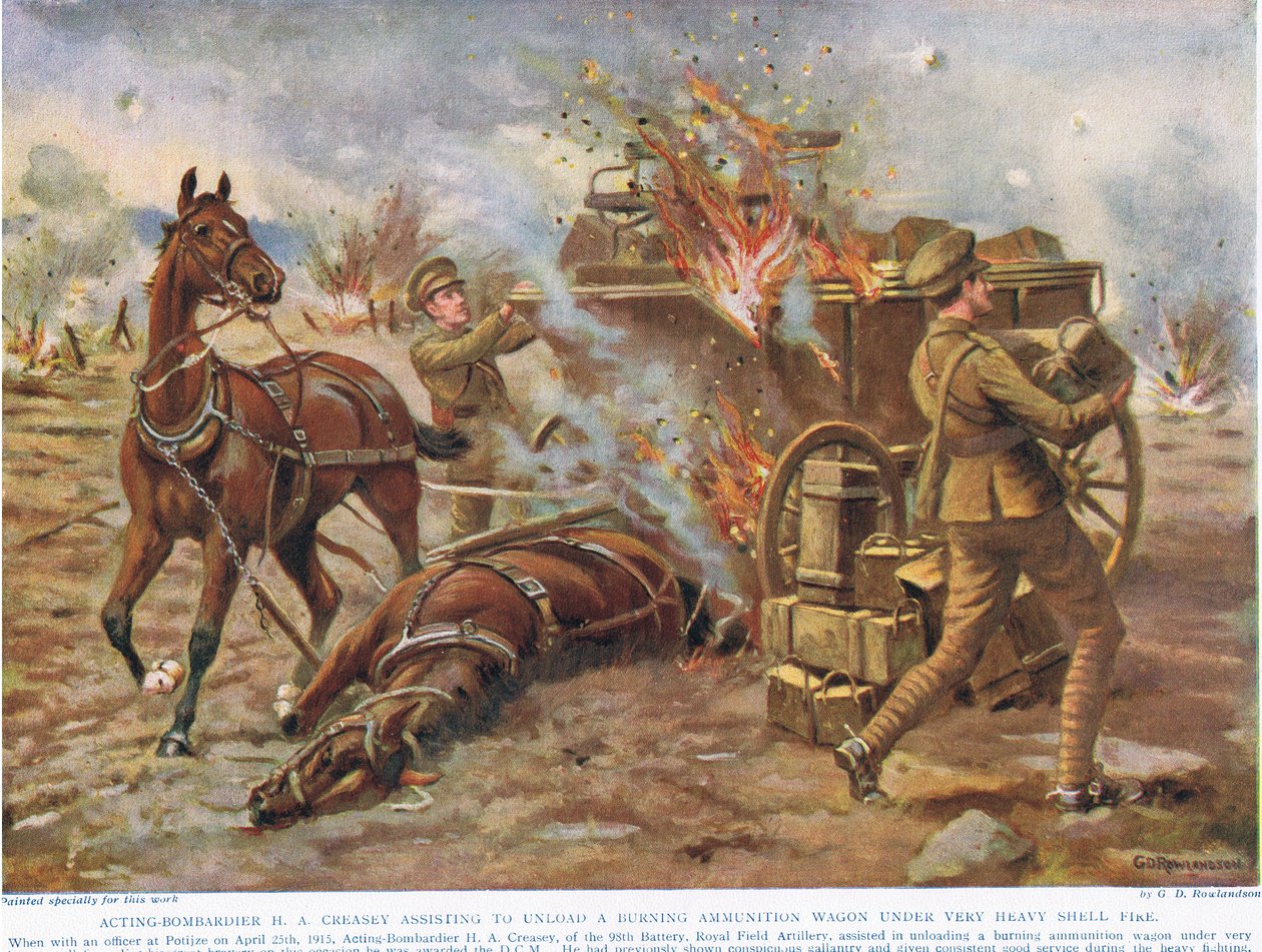 Fungerende Bombardier H.A. Creasey hjælper med at losse en brændende ammunitionsvogn under meget kraftig granatild, illustration fra 