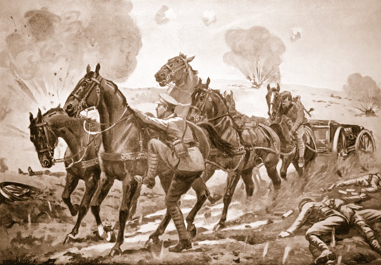 Underkorporal Holmes overtager en såret chaufførs plads og hjælper med at køre en pistol ud af drift under kraftig beskydning af George Derville Rowlandson