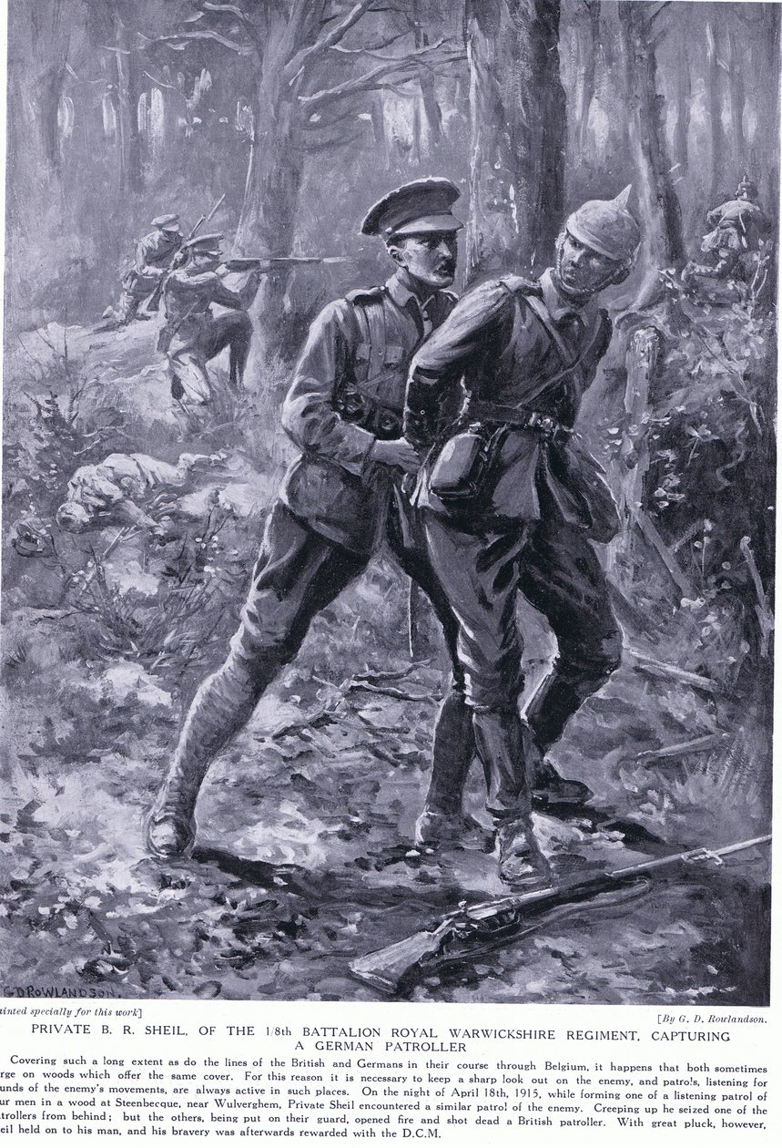 Menig BR Shiel tildelte DCM for at fange en tysk patrulje i Belgien april 1915 af George Derville Rowlandson