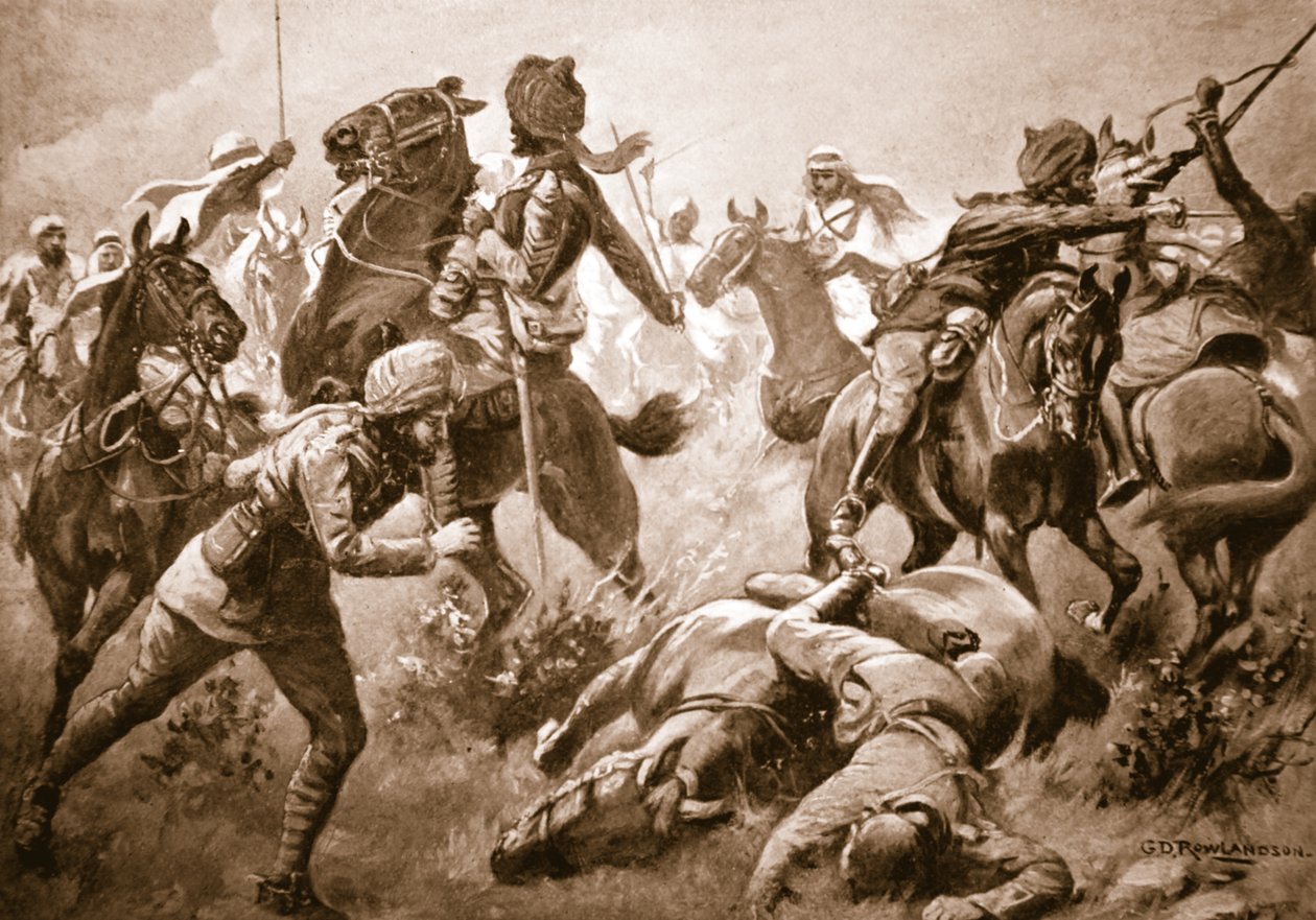 Risaldar Santa Singh, Dafadar Bisham Singh og Sowar Buda Singh bryder igennem arabernes rækker til hjælp fra kaptajn Willoughby af George Derville Rowlandson