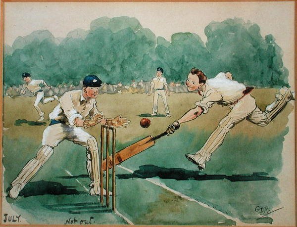 Juli måned: Cricket (pen & blæk og akvarel på papir) af George Derville Rowlandson