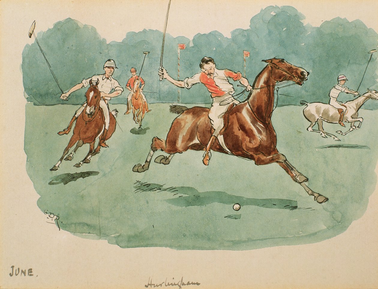 Juni måned: Polo (pen og blæk og wc på papir) af George Derville Rowlandson