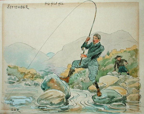 September måned: Lystfiskeri (pen & blæk og akvarel på papir) af George Derville Rowlandson