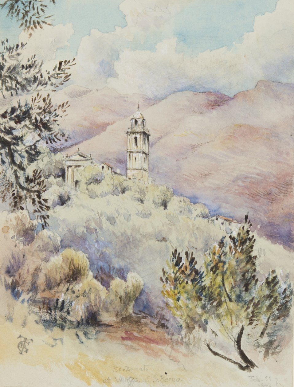 San Donato-kirken, Varezzo, nær San Remo, 11. februar 1878 (wc på papir) af George Douglas Tinling