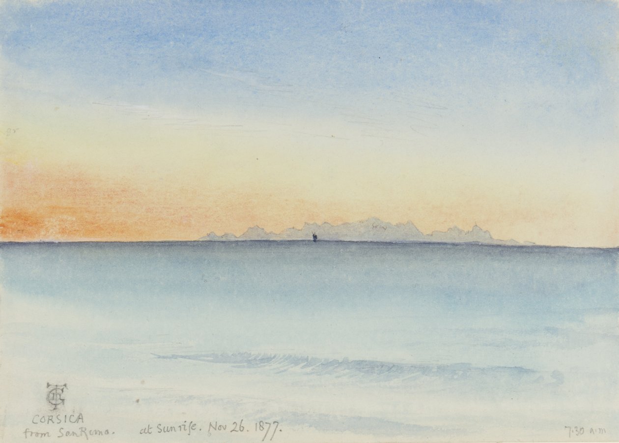 Korsika fra San Remo ved solopgang, kl. 7.30 den 26. november 1877 (wc på papir) af George Douglas Tinling