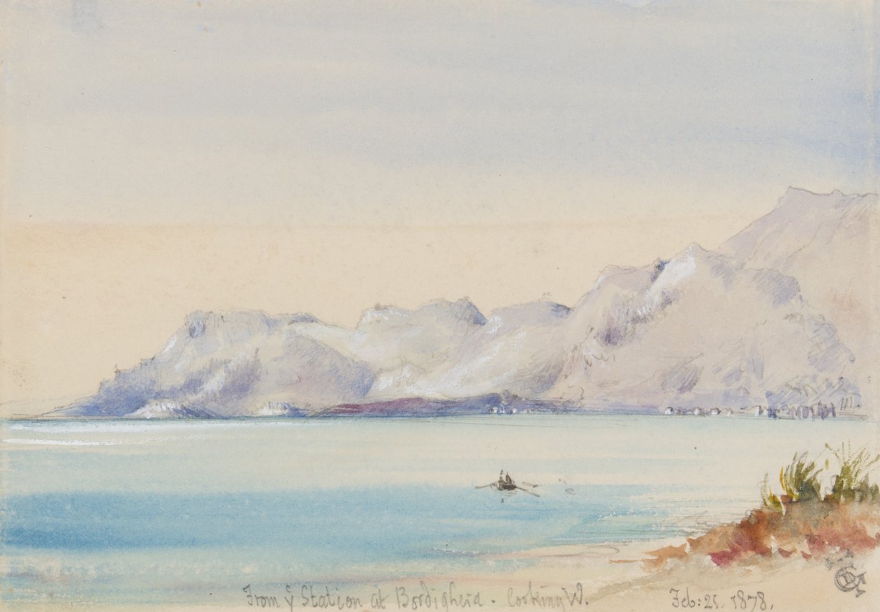 Fra jer station i Bordighera, med udsigt mod vest, 25. februar 1878 (wc på papir) af George Douglas Tinling