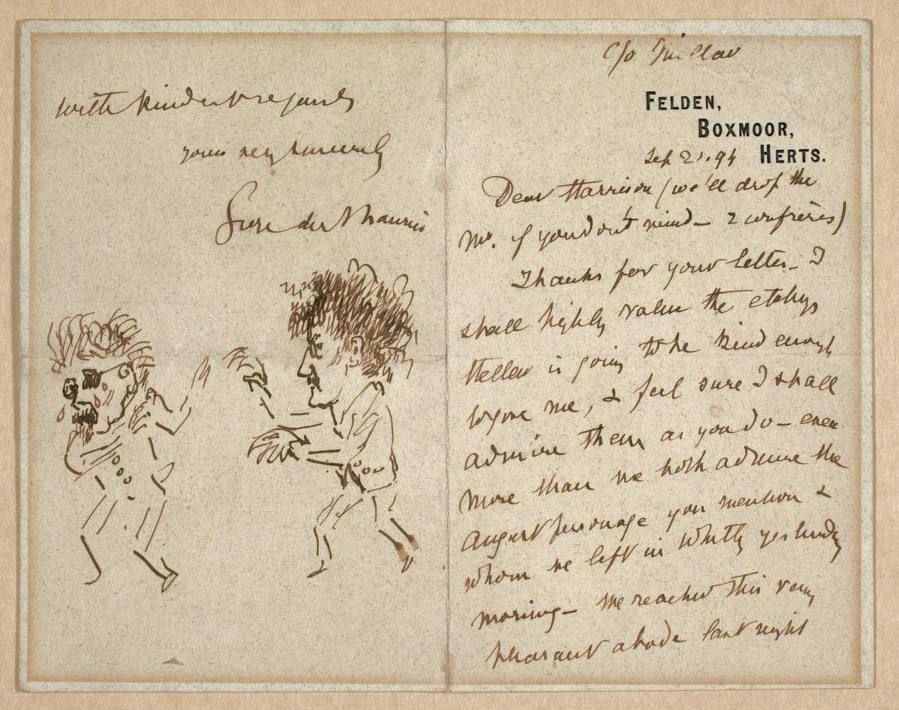 Brev med tegning af Whistler, der truer Du Maurier af George du Maurier