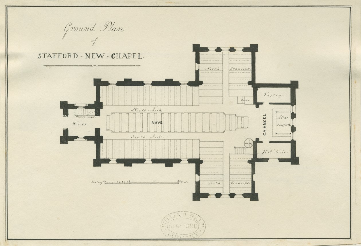 Stafford - Grundplan for Christ Church: pen- og blæktegning, nd [c 1838] (tegning) af George E. Hamilton