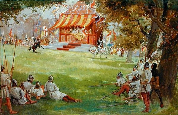 A Jousting Tournament, fra Sir Nigel and the White Company af Sir Arthur Conan Doyles (1859-1930) (olie på lærred lagt om bord) (se også 140868) af George Edmund Butler