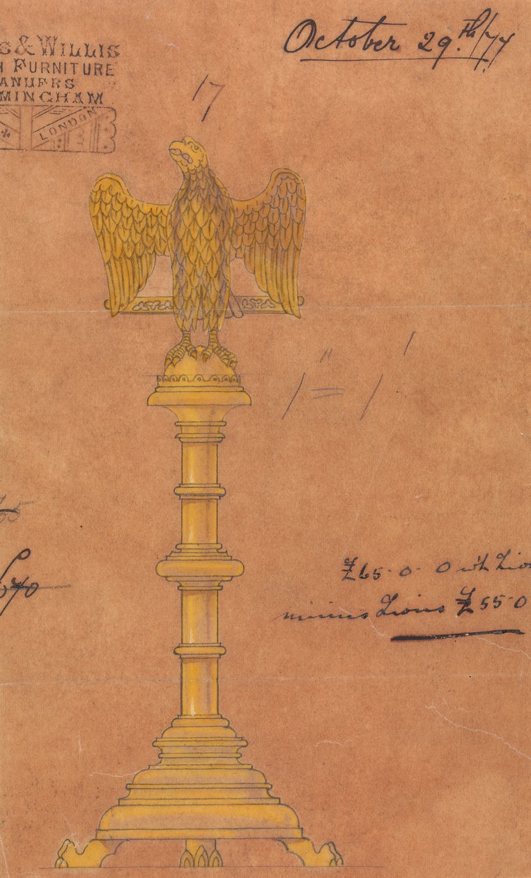 Design udført for Jones og Willis, metal- og træarbejdere og kirkemøbelfabrikanter i Birmingham og London af George Edmund Street