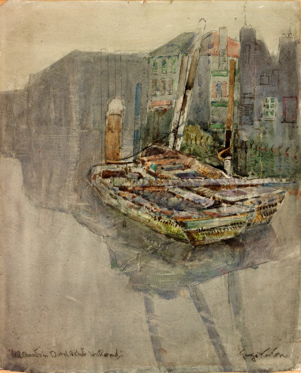 Ålebåde i en kanal i Dordrecht, Holland (kul og akvarel på papir klistret på kort) af George Edward Horton