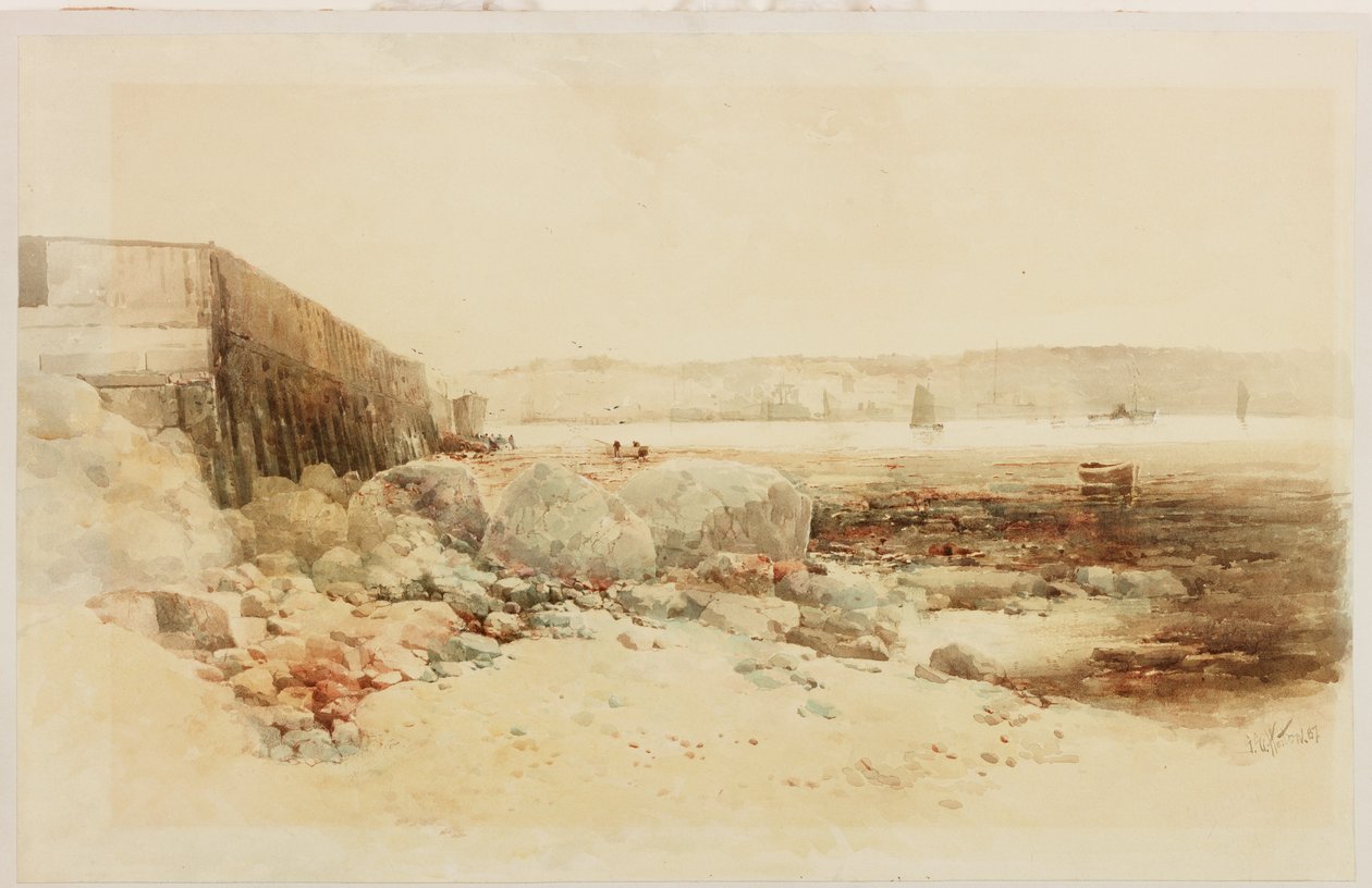 Havnescene (blyant og akvarel på papir klistret på kort) af George Edward Horton