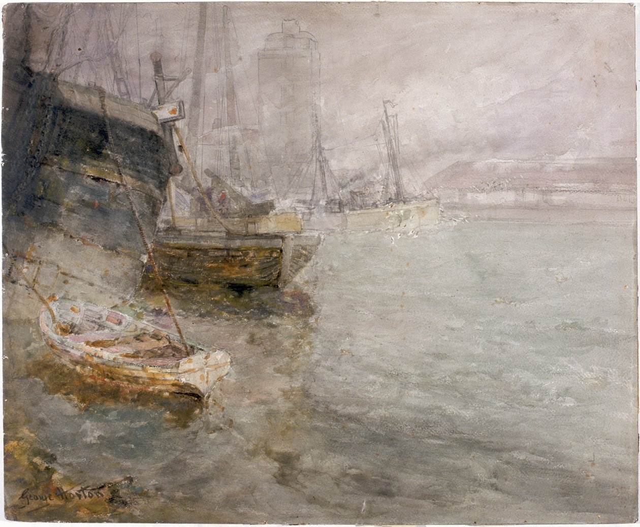 North Shields Fish Quay (kul, blyant og akvarel ombord) af George Edward Horton
