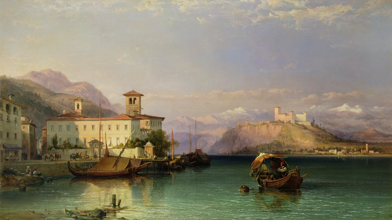 Arona og slottet i Angera, Lago Maggiore, 1856 af George Edwards Hering