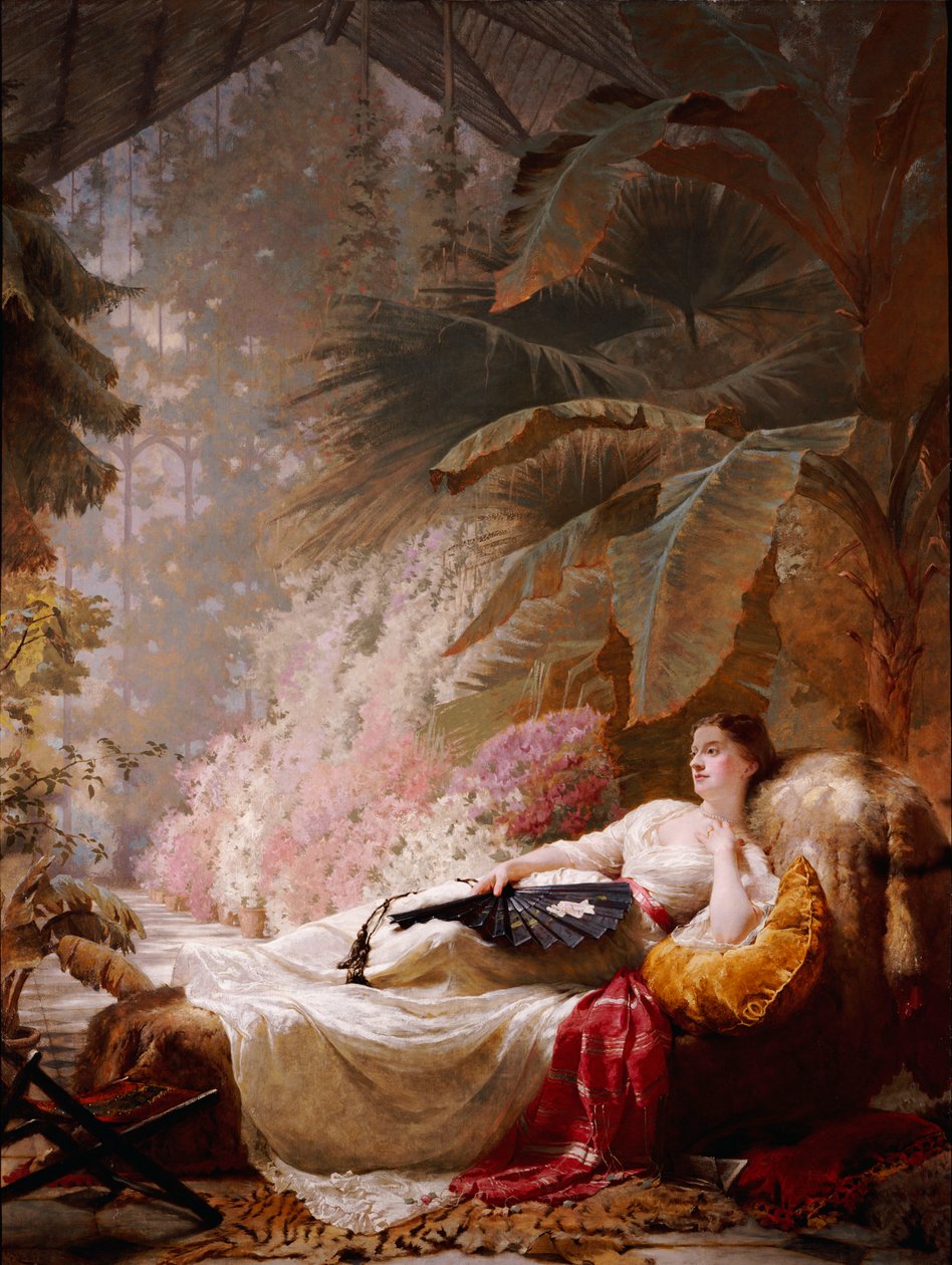 Portræt af Adelaide Maria Guinness, tilbagelænet på en sofa i et konservatorium, 1885 af George Elgar Hicks