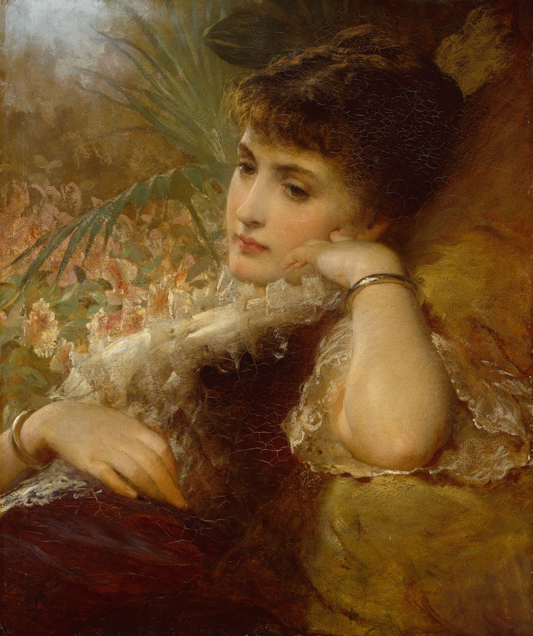 Portræt af en dame (olie på bord) af George Elgar Hicks