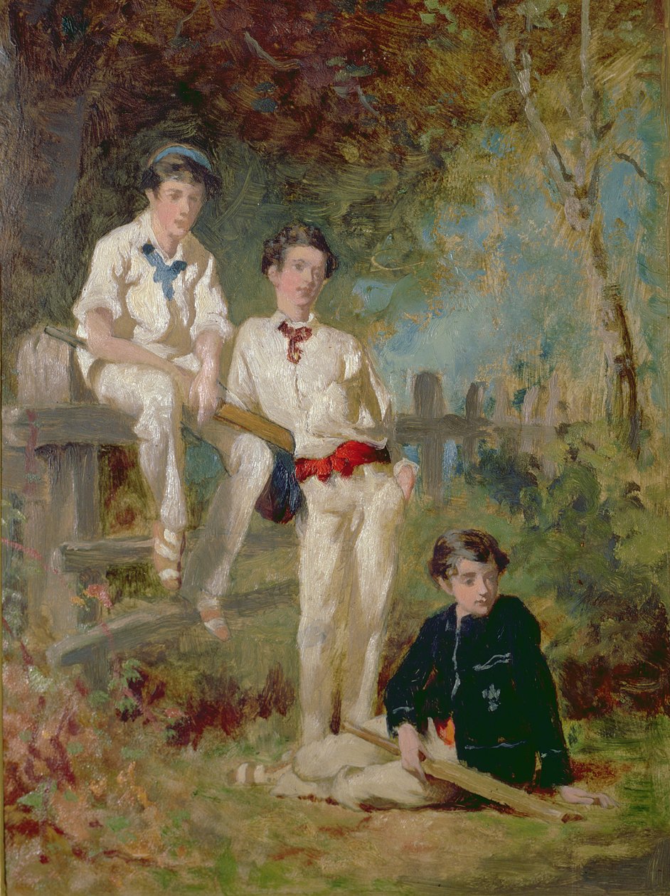 Three Young Cricketers, ca. 1883 (olie på kort) af George Elgar Hicks