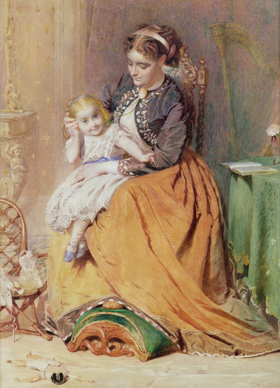 Tick, Tick, Tick - en pige, der sidder på sin mors skød og lytter til sit guldur, der tikker, 1867 af George Elgar Hicks