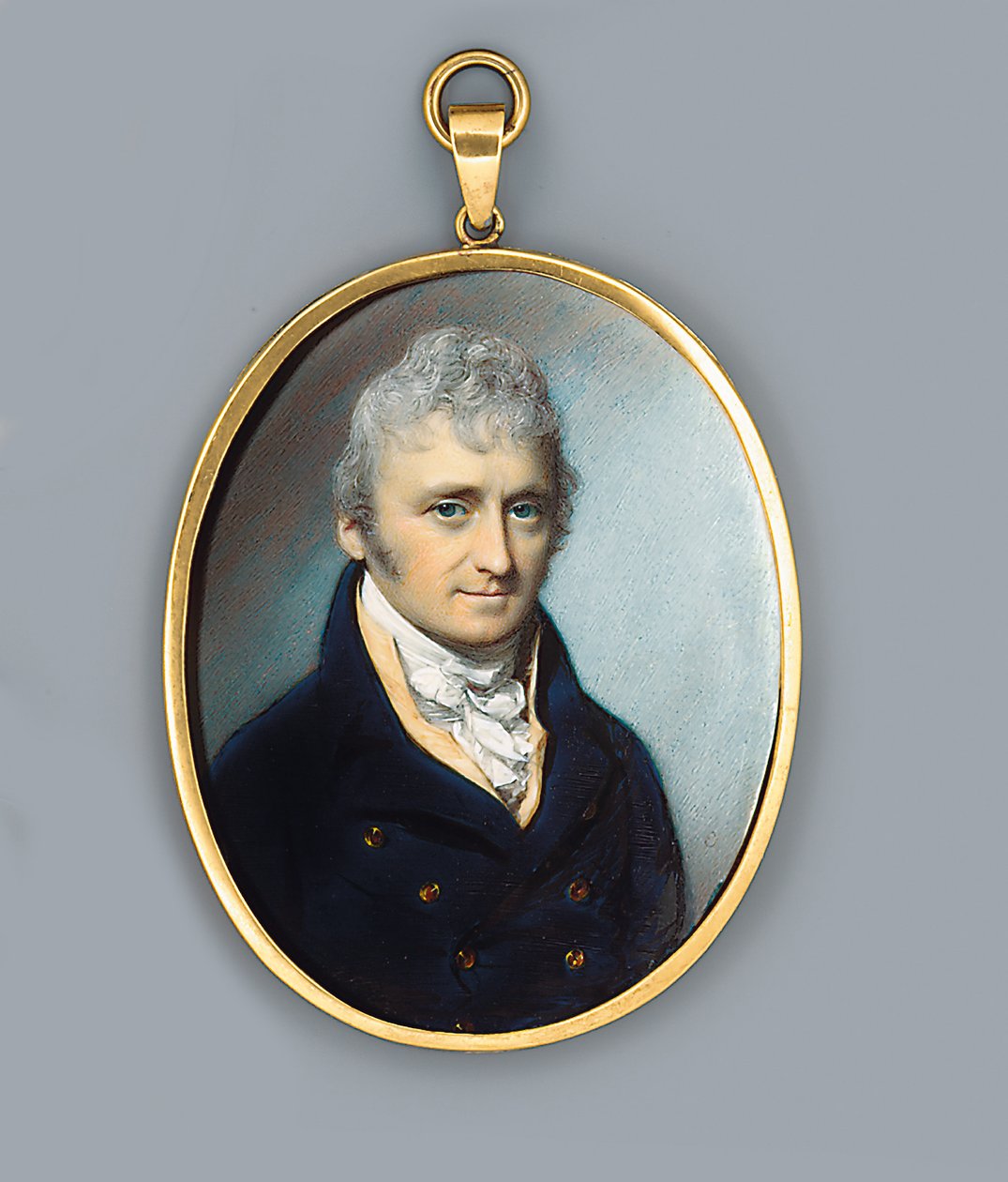 Mr. Uthoff, i blå frakke med guldknapper, brun vest og knudret halsbånd, pudret krøllehår, 1805 af George Engleheart
