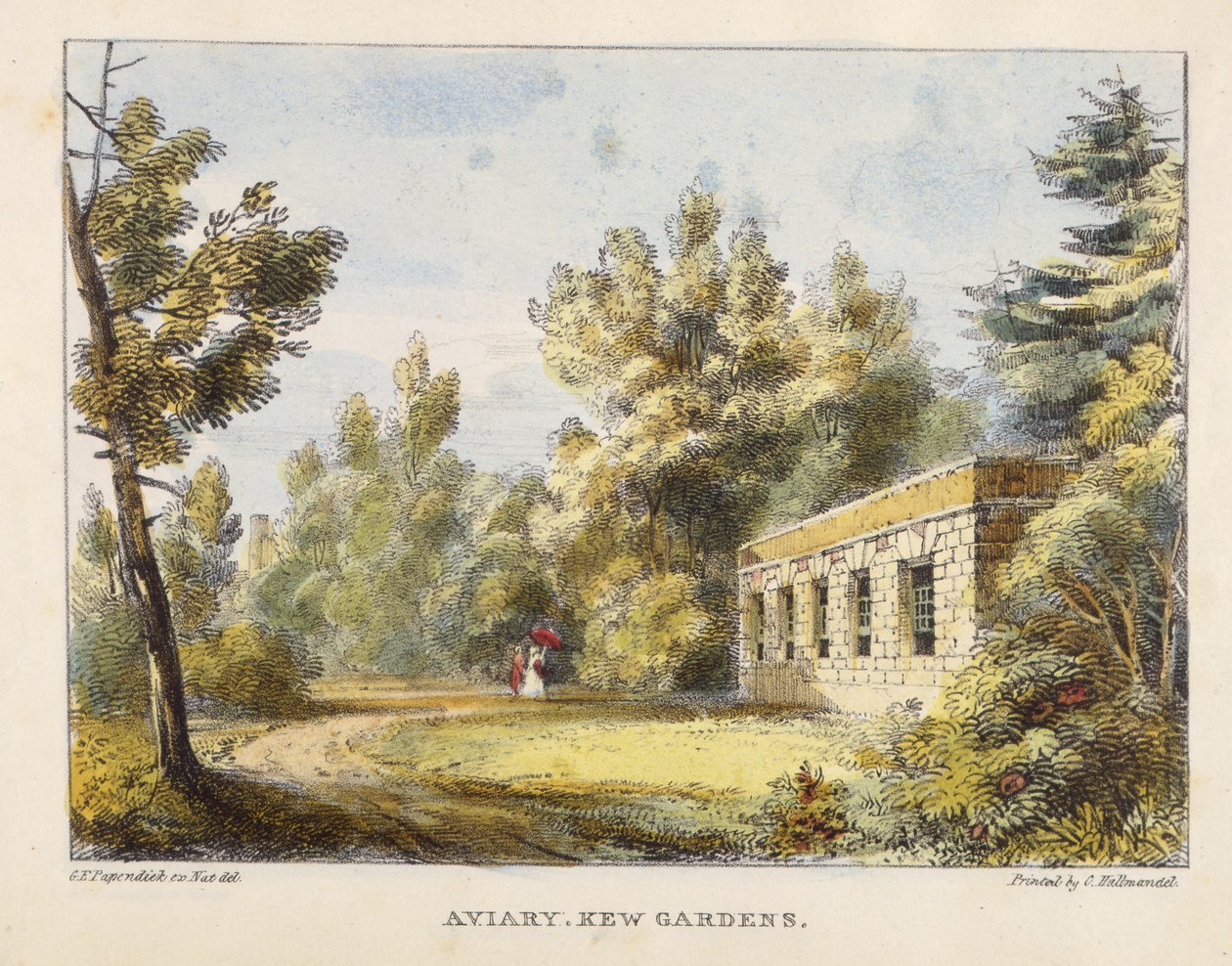 Aviary, Kew Gardens, plade 10 fra Kew Gardens: A Series of Twenty-Four Drawings on Stone, indgraveret af Charles Hullmandel (1789-1850) udgivet 1820 (håndkoloreret litho) af George Ernest after Papendiek