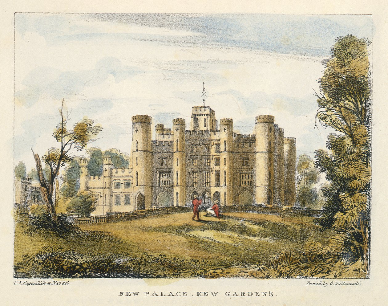 New Palace, Kew Gardens, plade 1 fra Kew Gardens: A Series of Twenty-Four Drawings on Stone, graveret af Charles Hullmandel (1789-1850) udgivet 1820 (håndkoloreret litho) af George Ernest after Papendiek