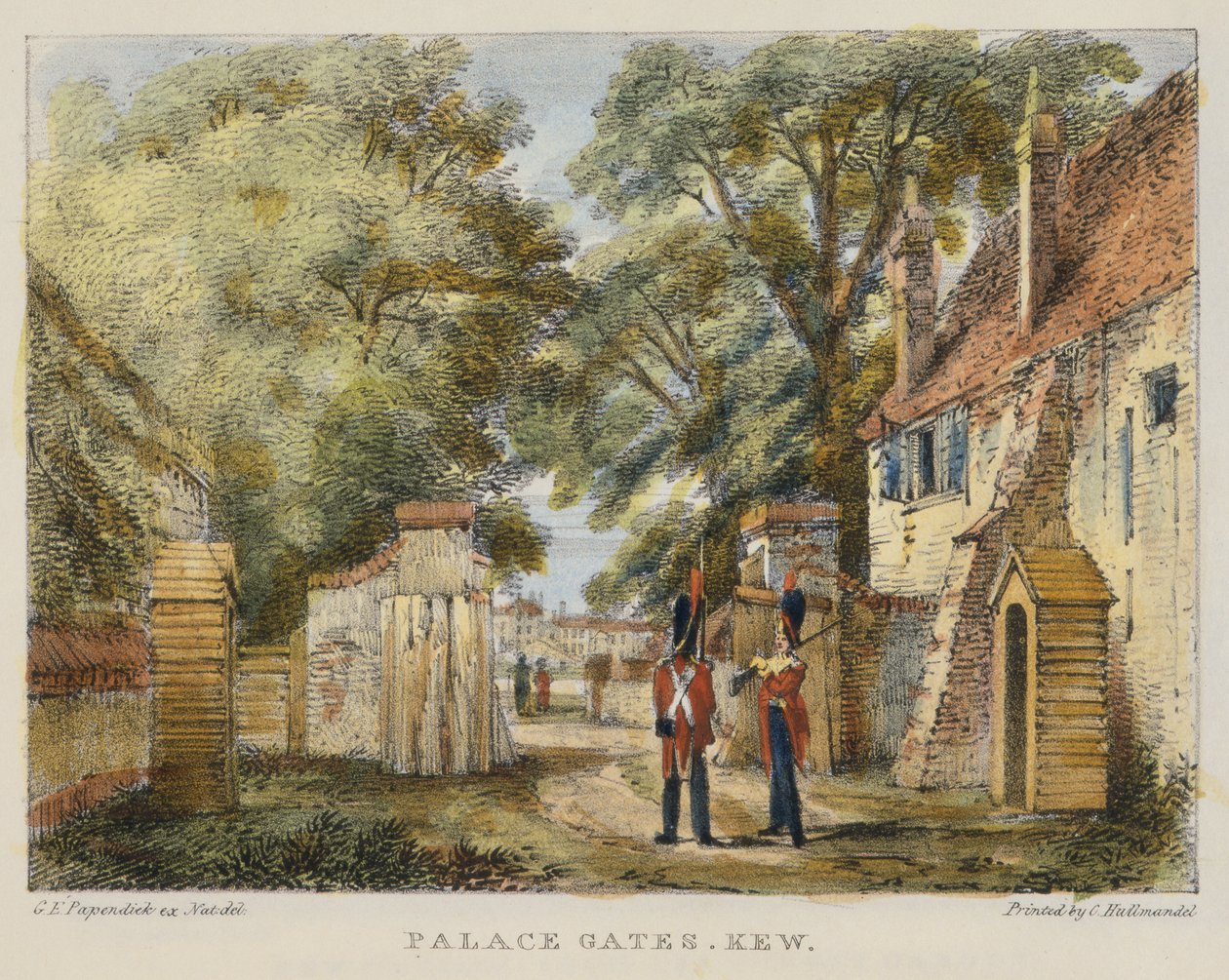 Palace Gates, Kew, plade 3 fra Kew Gardens: A Series of Twenty-Four Drawings on Stone, graveret af Charles Hullmandel (1789-1850) udgivet 1820 (håndkoloreret litho) af George Ernest after Papendiek
