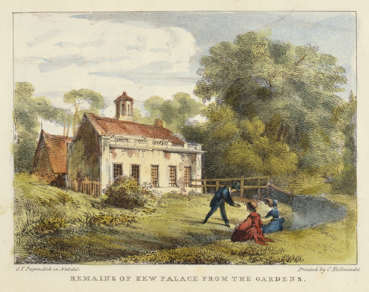 Remains of Kew Palace from the Gardens, plade 6 fra Kew Gardens: A Series of Twenty-Four Drawings on Stone, graveret af Charles Hullmandel (1789-1850) udgivet 1820 (håndkoloreret litho) af George Ernest after Papendiek