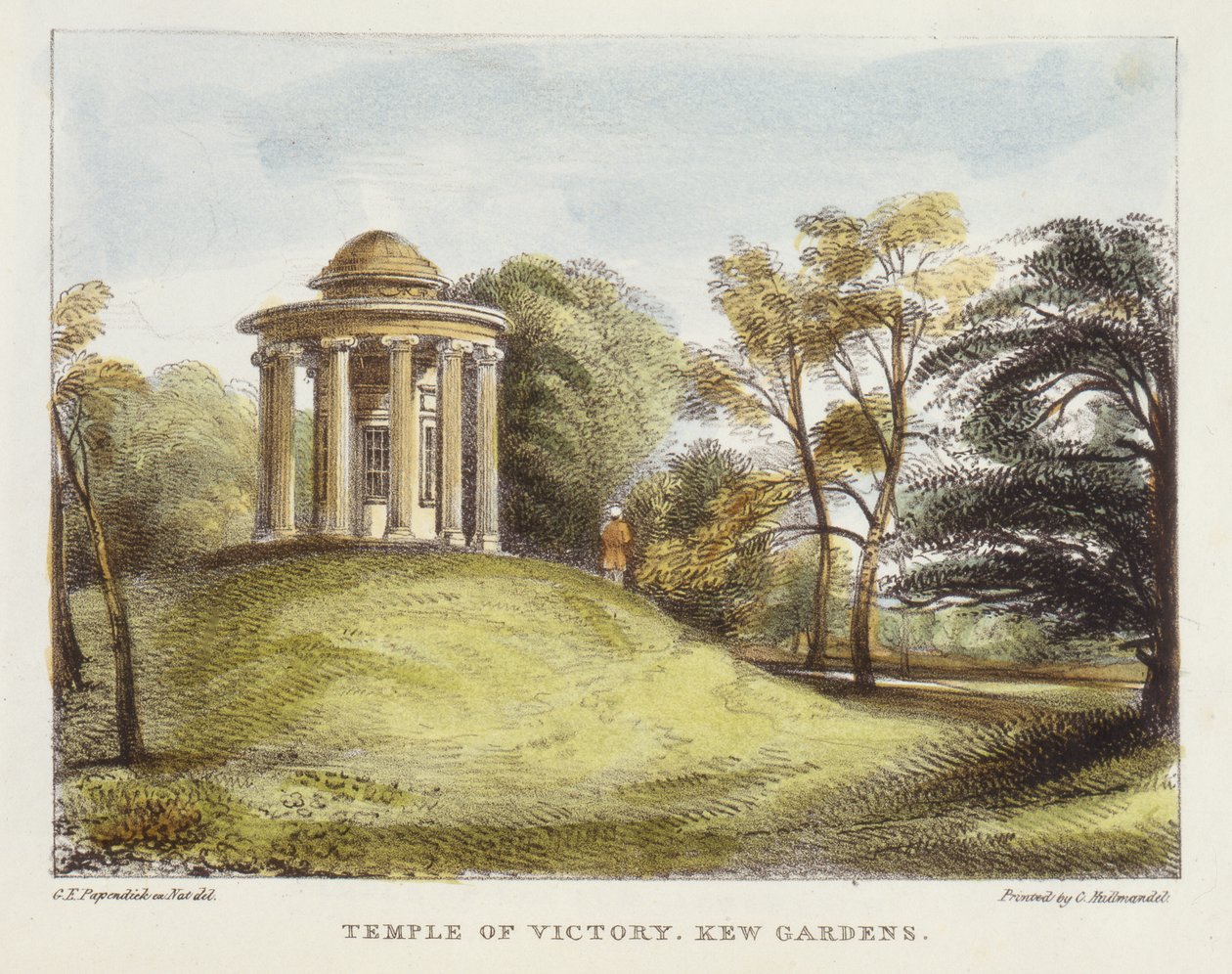 Temple of the Sun, Arboretum, Kew Gardens, plade 20 fra Kew Gardens: A Series of Twenty-Four Drawings on Stone, graveret af Charles Hullmandel (1789-1850) udgivet 1820 (håndkoloreret litho) af George Ernest after Papendiek