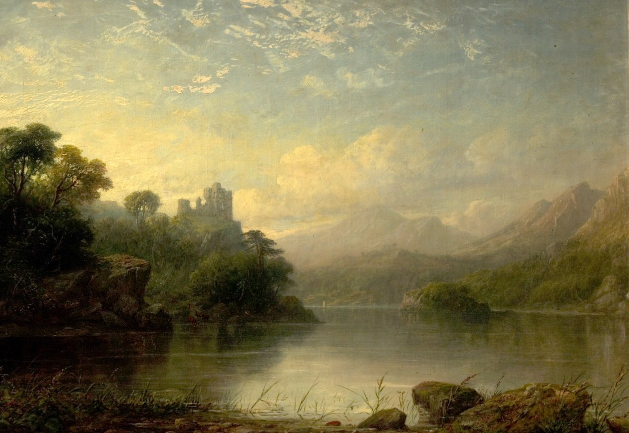 Søscene med ruineret slot og bjerge, 1800-tallet af George F. Buchanan