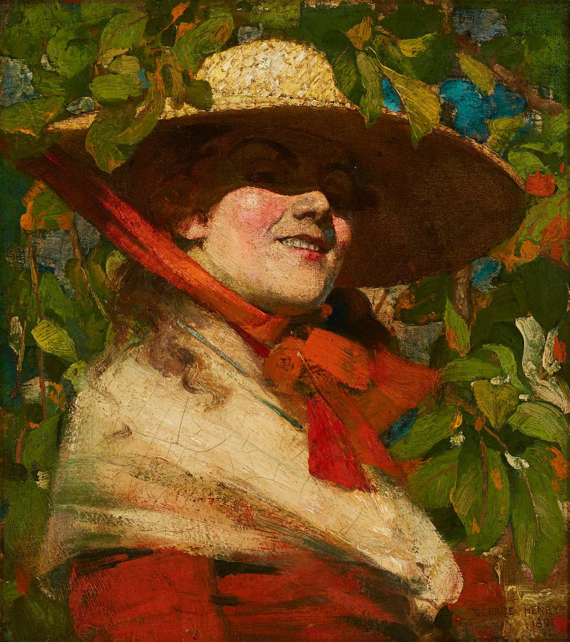 Pige med stråhat (olie på lærred) af George F. Henry