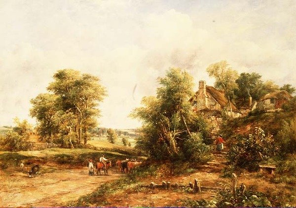 Sommerlandskab ved aftenstid med drovers og kvæg af George Frederic Watts
