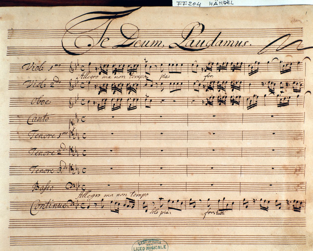 Titelside på partitur af Te deum af GF Handel af George Frederick Handel