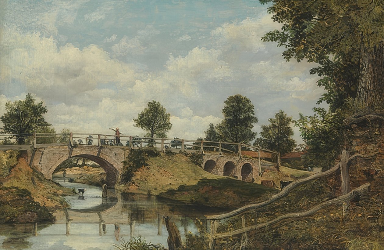 En gammel bro ved Hendon, Middlesex. Omkring 1828 af George Frederick Watts