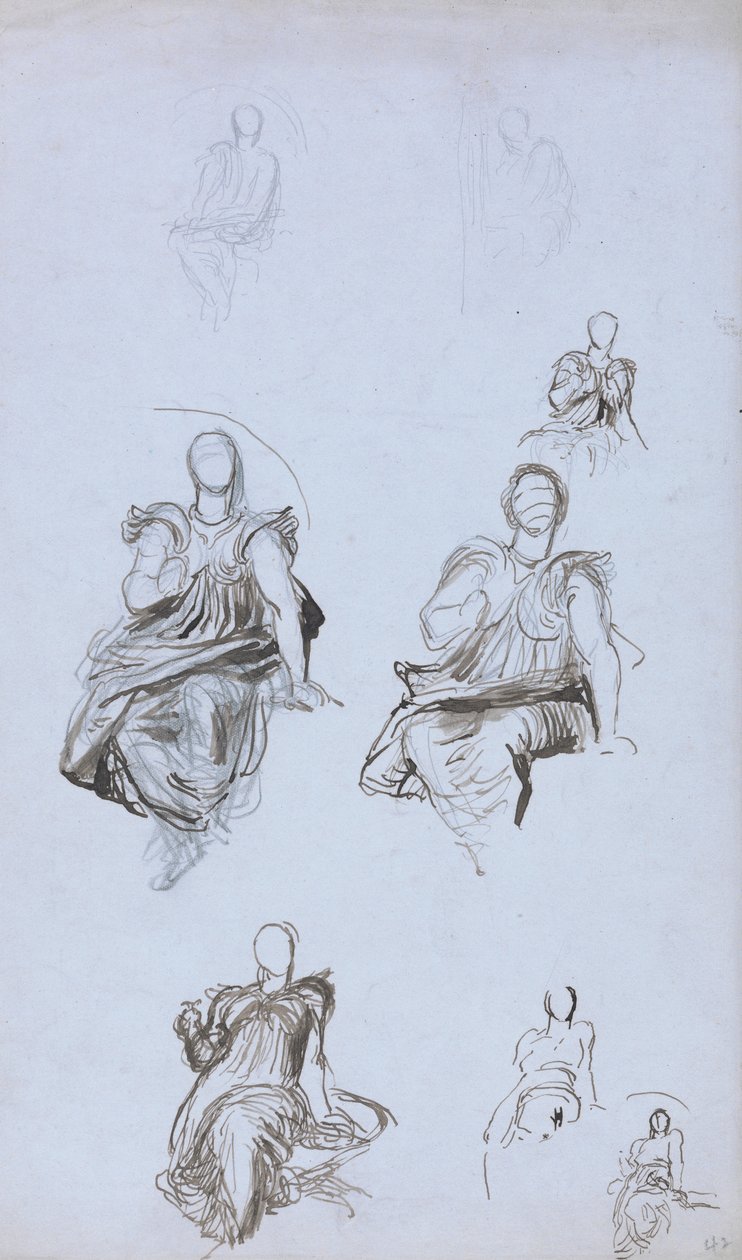 Studier af en siddende figur med en bog (pen & brunt blæk og grafit på blåt papir) af George Frederick Watts