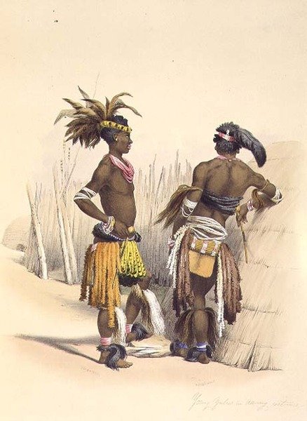 Umbambu og Umpengulu, unge zuluer i dansende kostume, plade 15 fra 