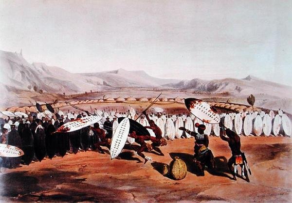 Umpanda gennemgår sine tropper ved Nonduengo, indgraveret af J.Needham, ca. 1849 (farve litho) af George French (after) Angas