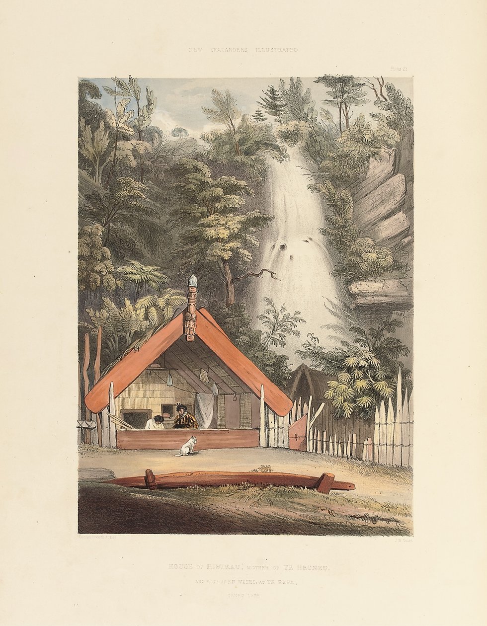 House of Hiwikau, Mother of the Heuneu, og Falls of Ko Waihi, ved Te Rapa, plade 21 fra "The New Zealanders Illustrated", 1847 af George French Angas