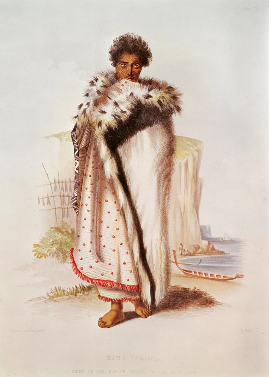 Rangitakina, en chef for Bay of Plenty på østkysten, illustration fra New Zealand Illustreret, indgraveret af W. Hawkins, ca. 1845 af George French Angas