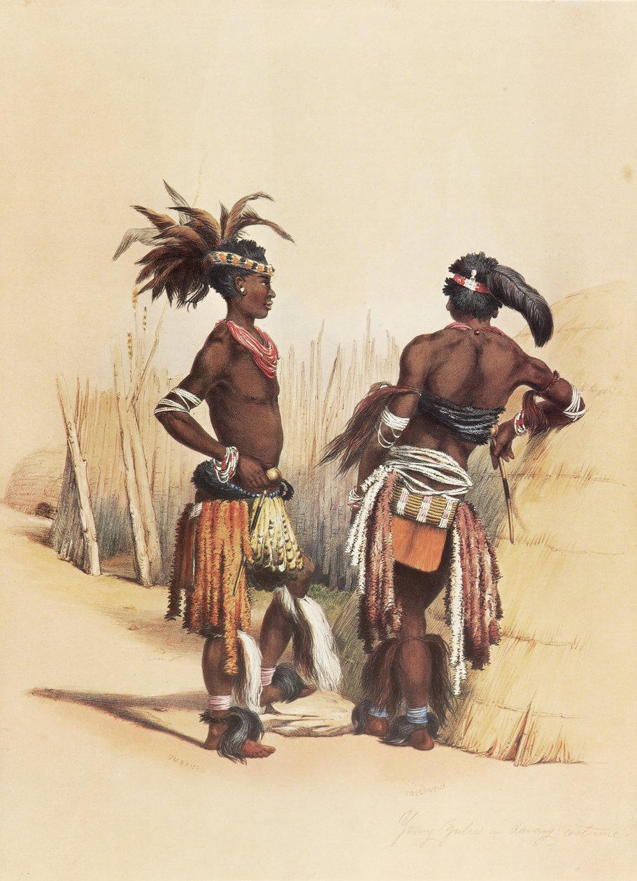 To unge zulu-mænd, udsmykket i livlige traditionelle dragter af George French Angas