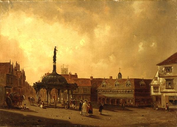 Udsigt over The Cornhill, Ipswich (olie på lærred) af George Frost