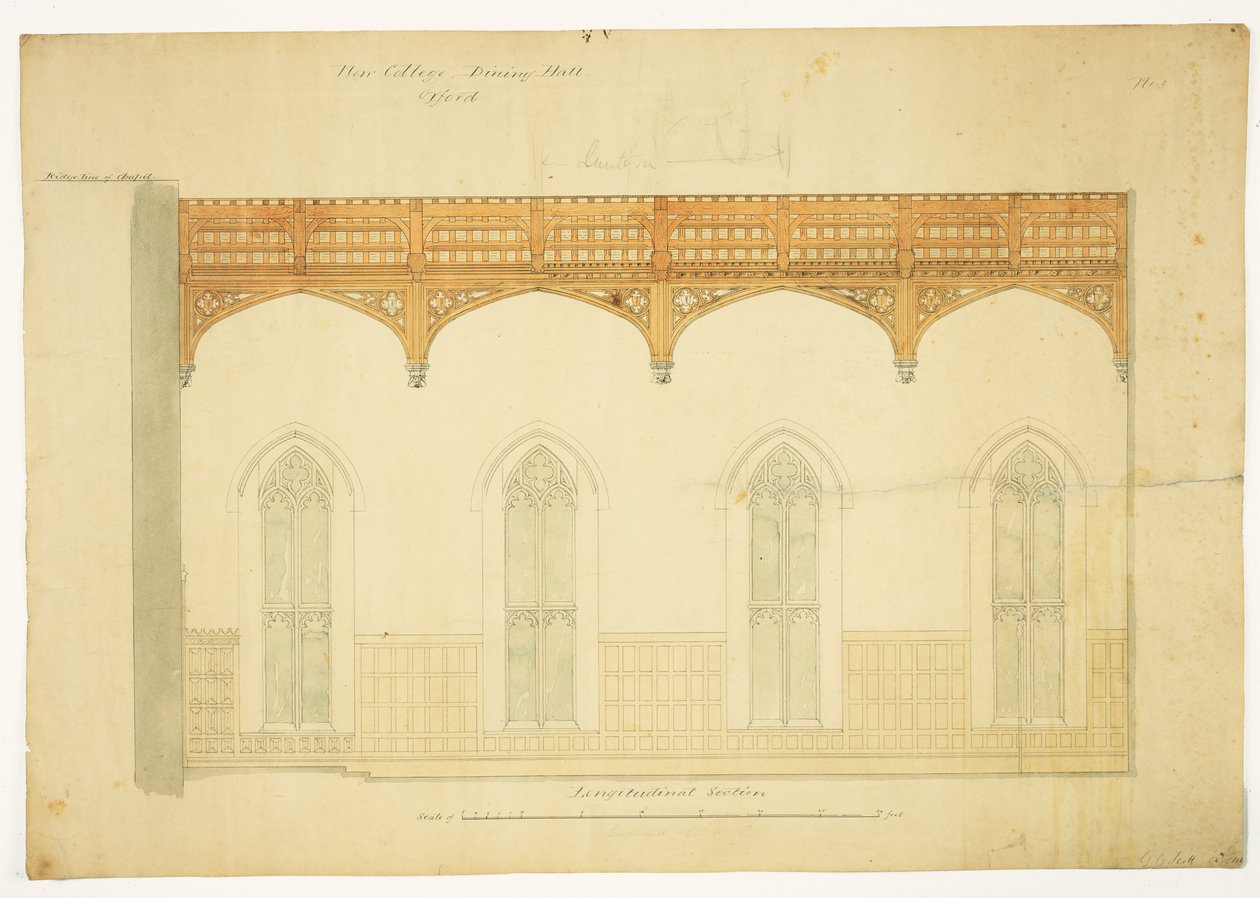 New College Oxford: Design for New Hall Roof, 1865 (pen og blækvask på papir) af George Gilbert Scott