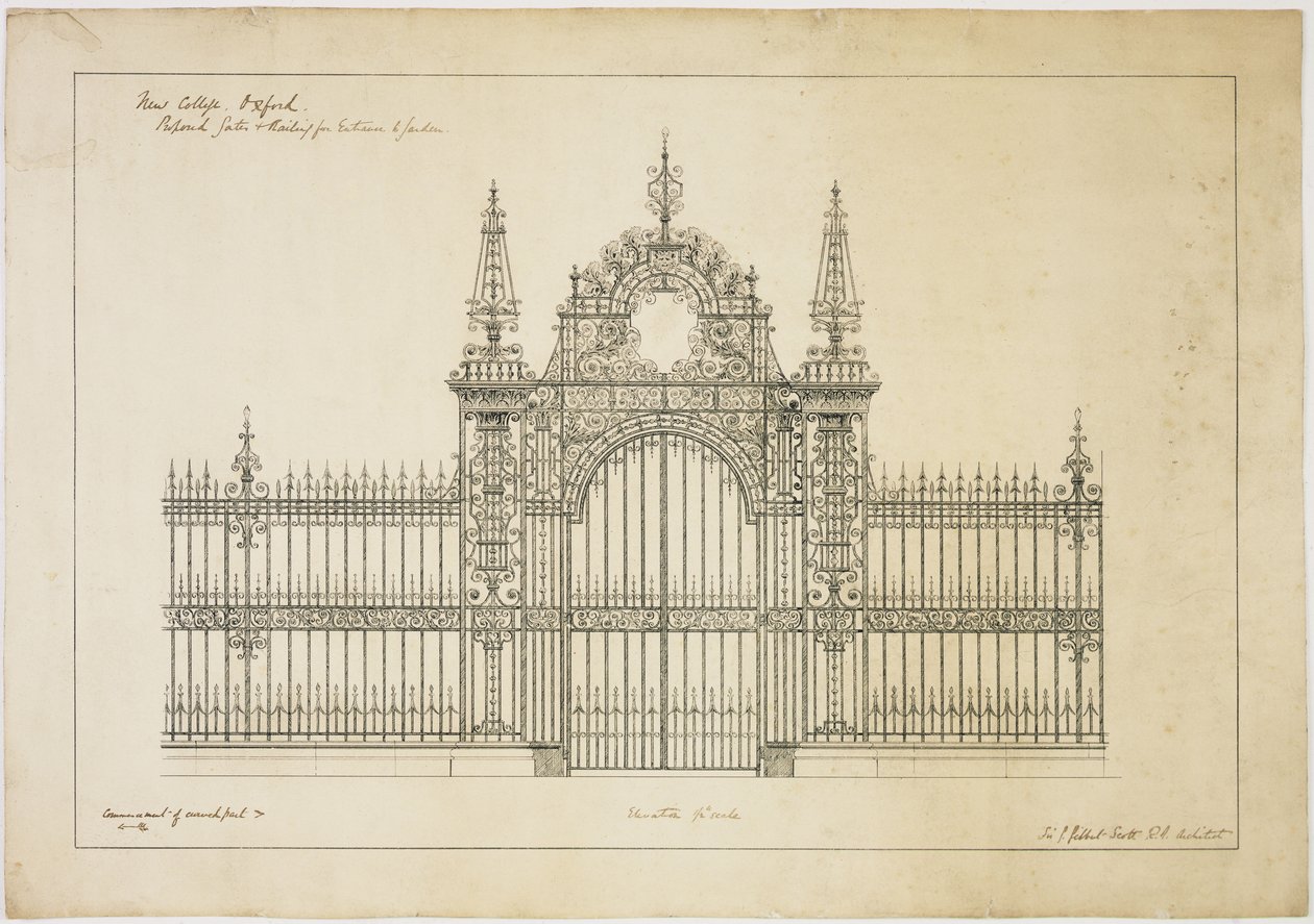 New College Oxford: Foreslåede porte og rækværk til indgang til haven af George Gilbert Scott
