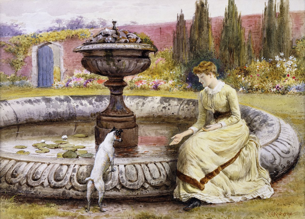 En dame og en hund ved siden af en prydbassin, af George Goodwin Kilburne