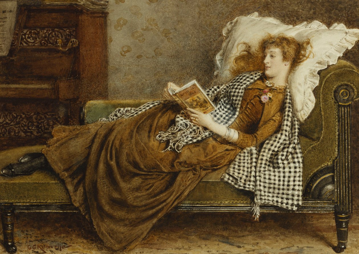 En ung dame læser i et interiør, af George Goodwin Kilburne